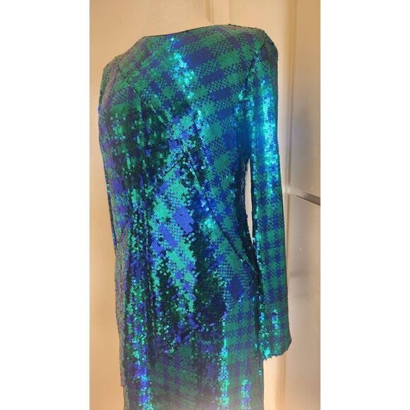 SHO Green and Blue Plaid Sequin Sheath Dress, Long Sleeve, NWT, XL - Picture 5 of 12